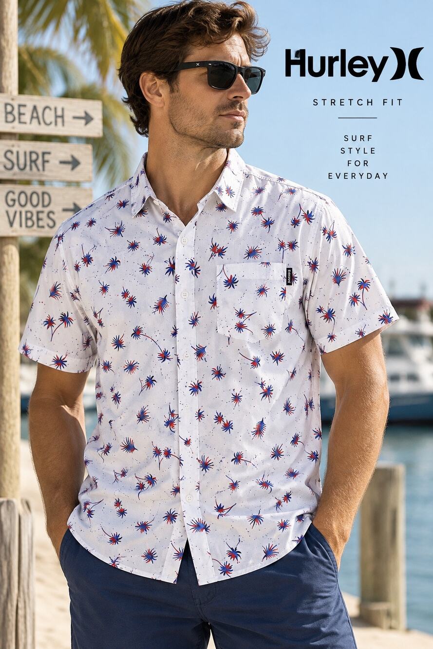 Hurley Mens Sz L Stretch Fit White Red Blue Palm Print Short Sleeve Button Shirt